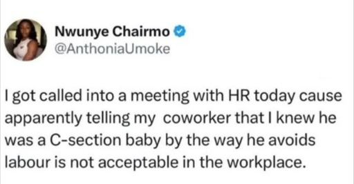 Nwunye Chairmo (@Anthonia Umoke): I got called into a meeting with HR today cause apparently telling my coworker that I knew he was a C-section baby by the way he avoids labour is not acceptable in the workplace.