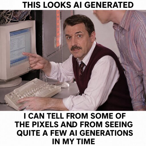 An obviously AI generated version of the old meme "This looks shopped..." where the term "shopped" has been replaced with "AI generated"
