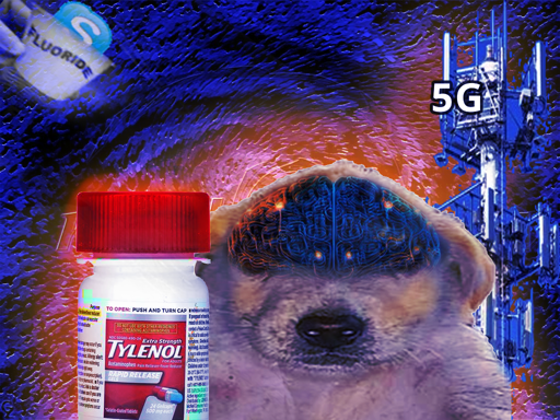 Image of Jotchua, who is a golden retriver puppy with an englightened glowing brainholding a bottle of tyenol with a 5G tower protecting him in the background against a hand holding a cup of flouride with skype in it