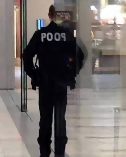 Photo of a police officer leaning against the corner of a wall.

The perpendicular wall reflects the P and O from the "POLICE" sign on his back, making it look like it says "POOP".