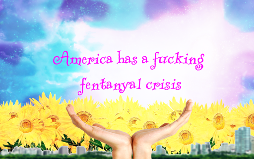 Two hands holding up the words "America has a fentanyal crisis" with a backdrop of sunflowers and a blurry city