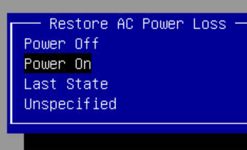 A screen shot of a setting in BIOS that lets you select what the system will do when it is connected to power, it has the options of Power Off, Power On, Last State, and Unspecified