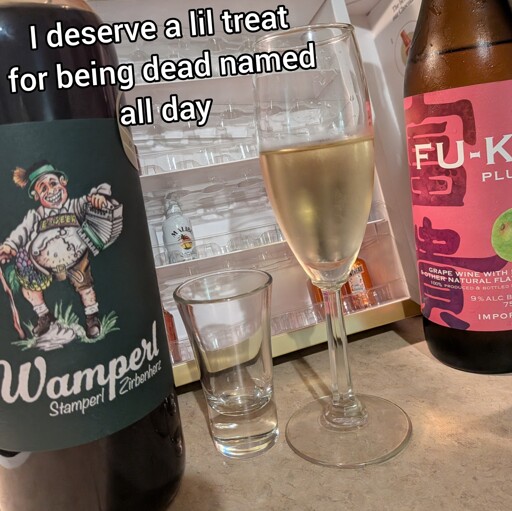 From left to right: A bottle of Wamperl Stamperl Zirbenherz (Austrian liqueur made with blueberries & stone pine), A box of Anthon Berg liqueur chocolates & a bottle of Fu-ki plum (Japanese wine). A text reads: "I deserve a lil treat for being dead named all day"