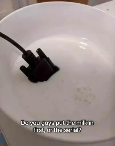 "Do you guys put the milk in first, or the serial?". Picture of a bowl of milk with a serial port connector inside