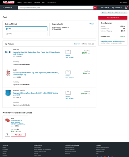 A screenshot of a cart on the Grainger website, showing the following items: Blue handcuffs ($42.74), a tagout tag ($5.03), and rigging and climbing rope ($707.29). In "Products You Have Recently Viewed," there is a "VIBCO Electric Vibrator: 2P Series, 5,600 lbf, 230/460V AC, 8.0/4.0 A..." ($4,421.58).