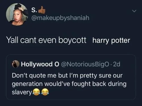 Hollywood O on twitter says: "Don't quote me but I'm pretty sure our generation would've fought back during slavery 😂😂" to which S. 👍🏾 says "Yall cant even boycott harry potter". (the harry potter was edited in)